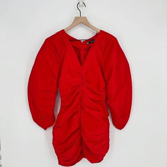 ZARA Draped Ruched V-Neck Mini Dress Gathered Puff Sleeve in Red Women's XS - Picture 2 of 11